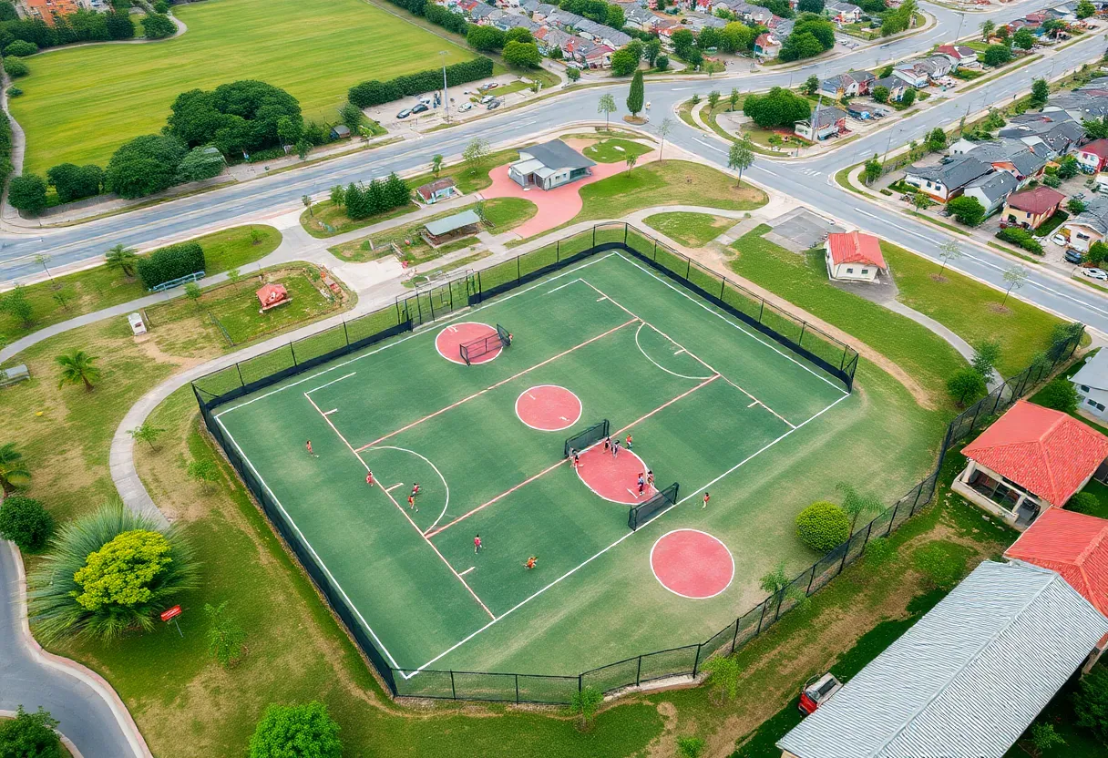 Aerial view of Zipp Family Sports Park with development areas nearby.