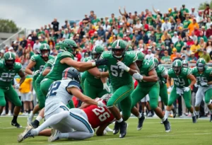 North Texas football players celebrating a victory over Rice.