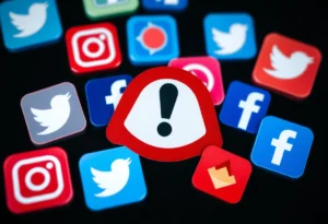Warning sign about online impersonation next to social media icons