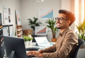 A small business owner in a modern office looking optimistic about growth.