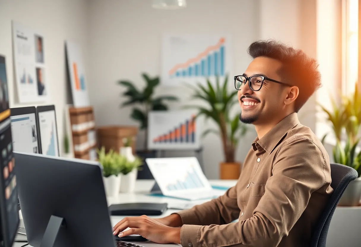 A small business owner in a modern office looking optimistic about growth.