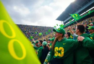 Oregon football team celebrating in the stadium