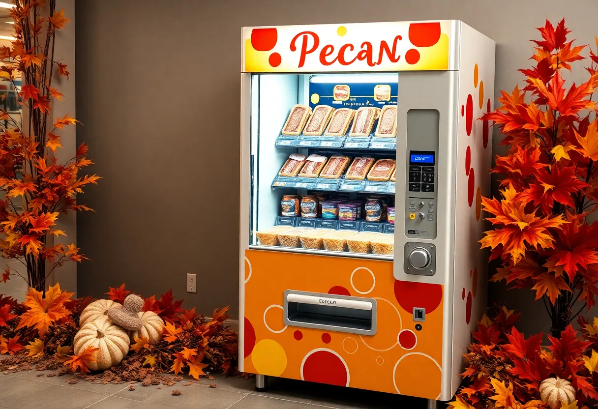 Vending machine displaying pecan pies in a festive setting