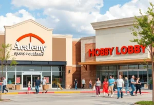 Academy Sports + Outdoors and Hobby Lobby storefronts in Seguin, Texas