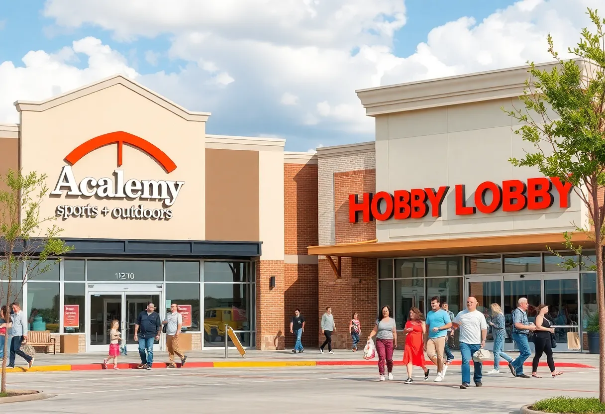 Academy Sports + Outdoors and Hobby Lobby storefronts in Seguin, Texas