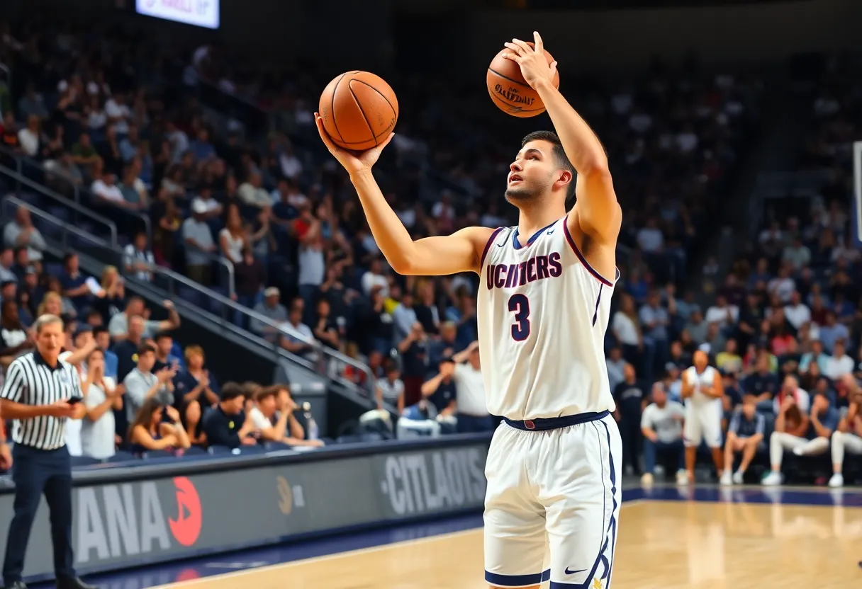 A basketball player making a three-point shot during a game.