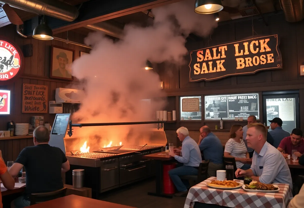 Atmosphere at Salt Lick BBQ with diners and barbecue grills