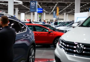 Attendees enjoying the San Antonio Auto Show with various cars on display