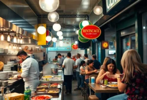 Scene of diners enjoying food at various restaurants in San Antonio