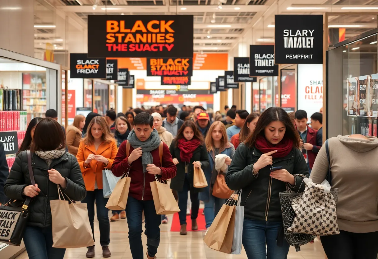 Shoppers in San Antonio during Black Friday looking concerned about purchases