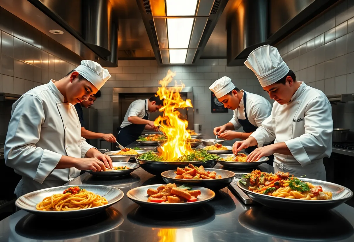 Chef working in a busy kitchen during a cooking competition.