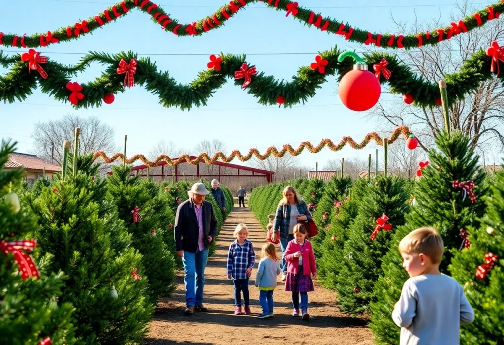 Families selecting trees at a Christmas tree farm in San Antonio