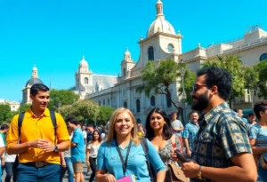 Diverse entrepreneurs in San Antonio collaborating in a city setting.
