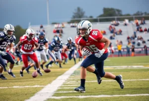 Players in colorful uniforms competing on the football field during San Antonio High School Football Playoffs.