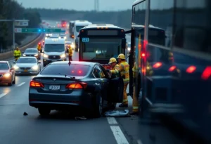 Scene of a highway crash in San Antonio involving a stolen Camaro and a bus.
