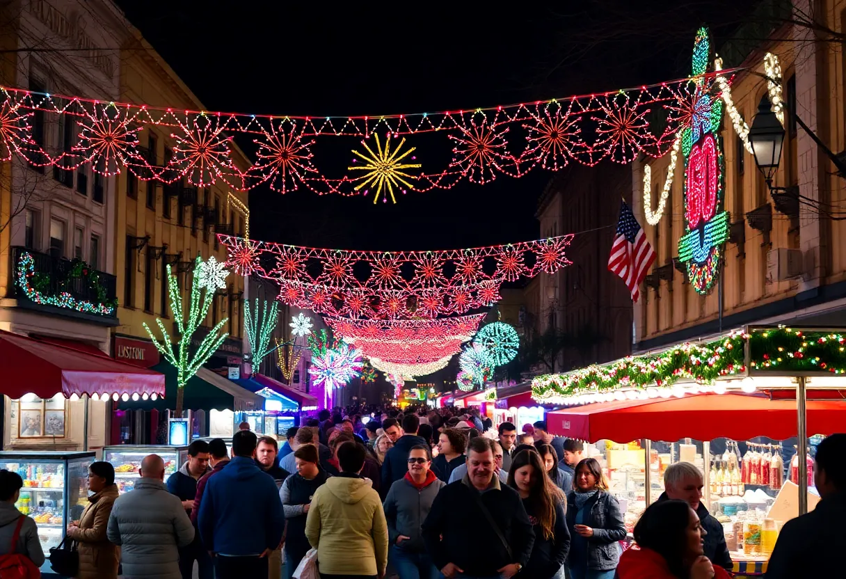 Vibrant holiday celebrations in downtown San Antonio with lights and decorations.