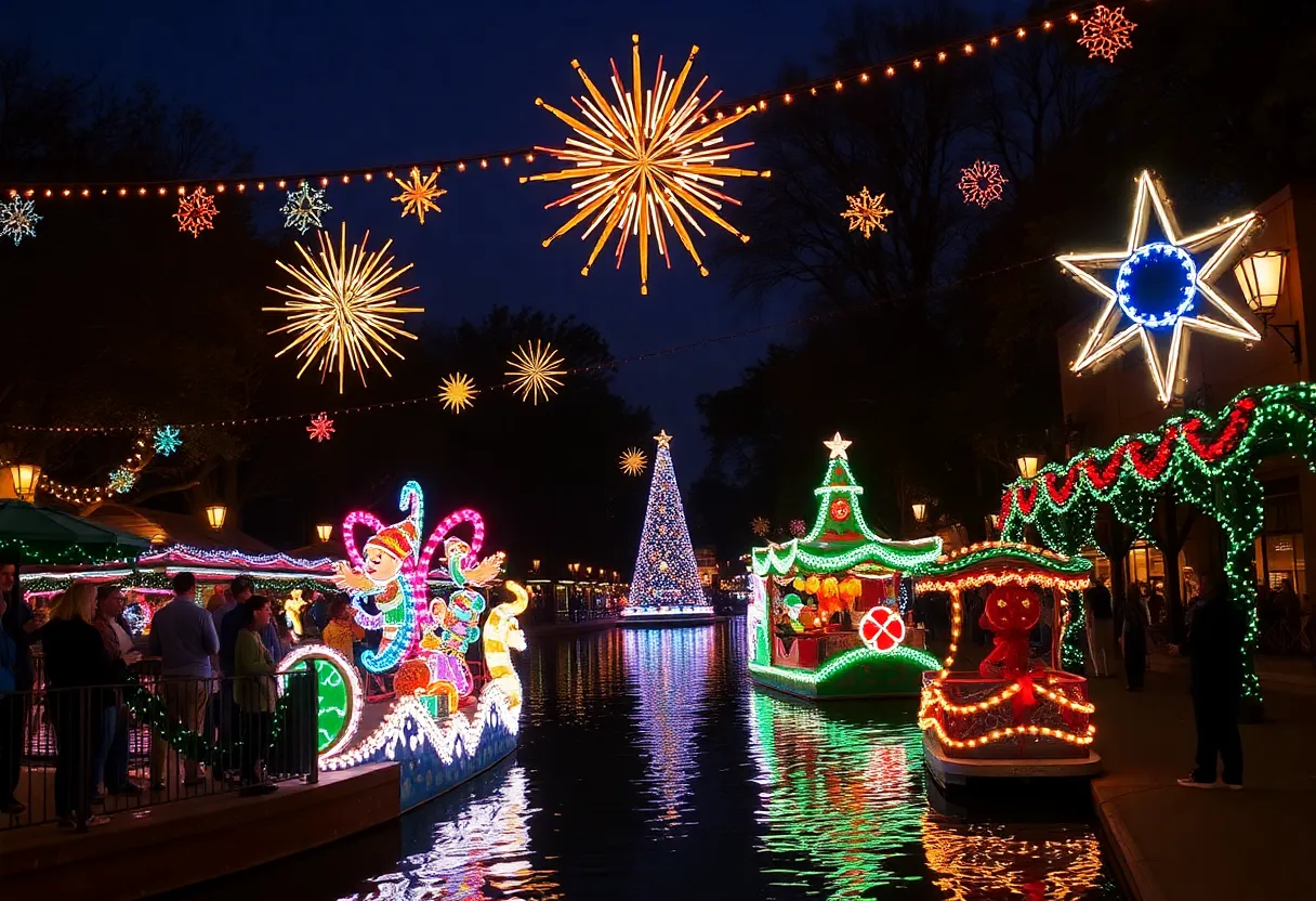 Colorful holiday lights illuminating the San Antonio River Walk