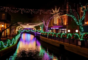 San Antonio River Walk decorated with holiday lights