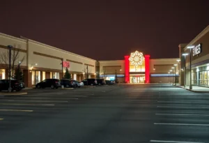 Empty parking lot at San Antonio shopping center with security lights