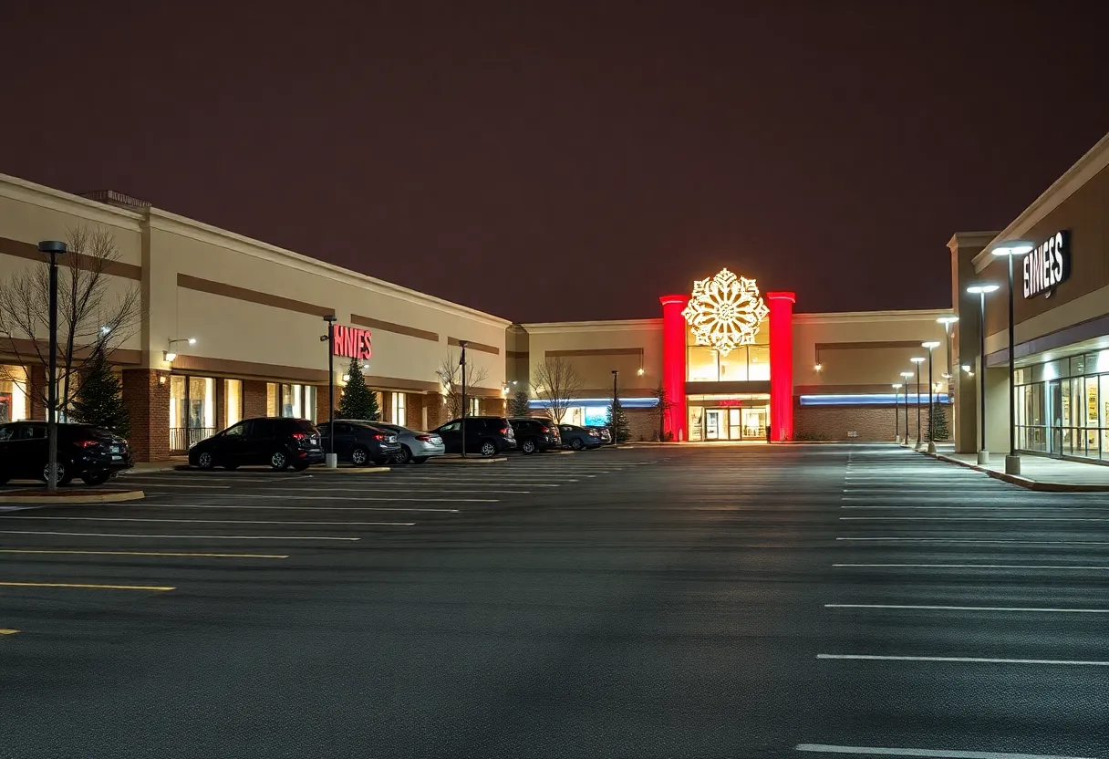 Empty parking lot at San Antonio shopping center with security lights