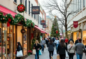 Holiday shopping scene in San Antonio with local businesses and shoppers