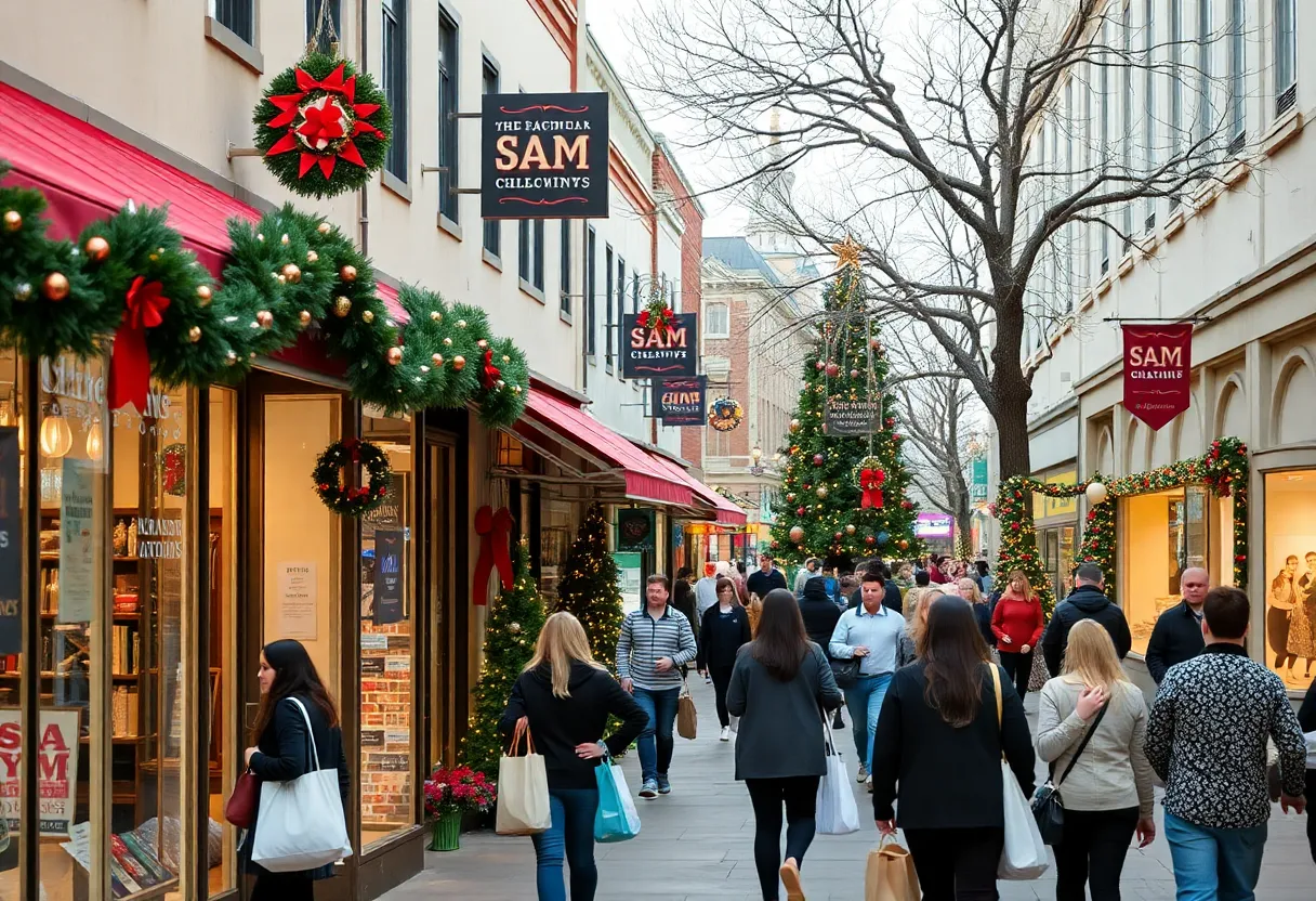 Holiday shopping scene in San Antonio with local businesses and shoppers