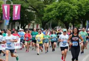 Participants running in the San Antonio Marathon with banners and community support.