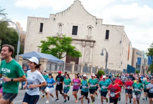 Runners at the San Antonio Marathon passing the Alamo