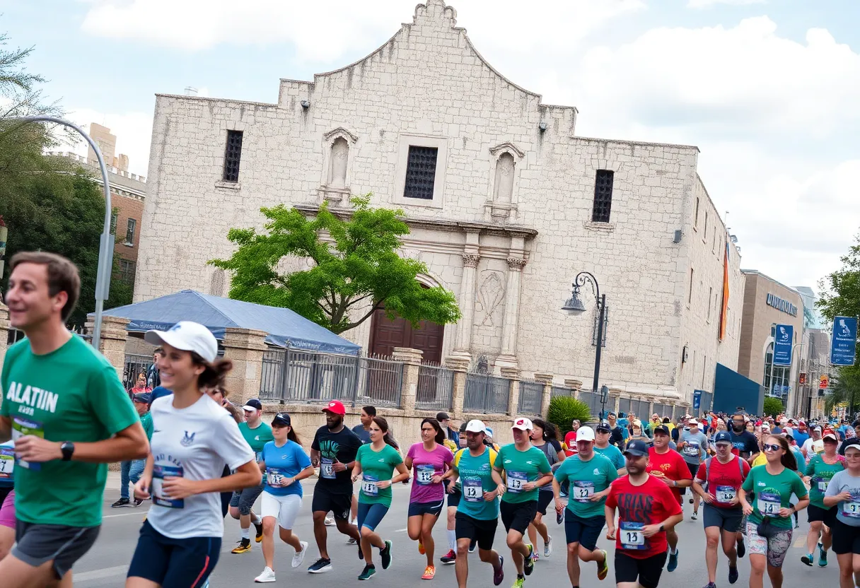 Runners at the San Antonio Marathon passing the Alamo