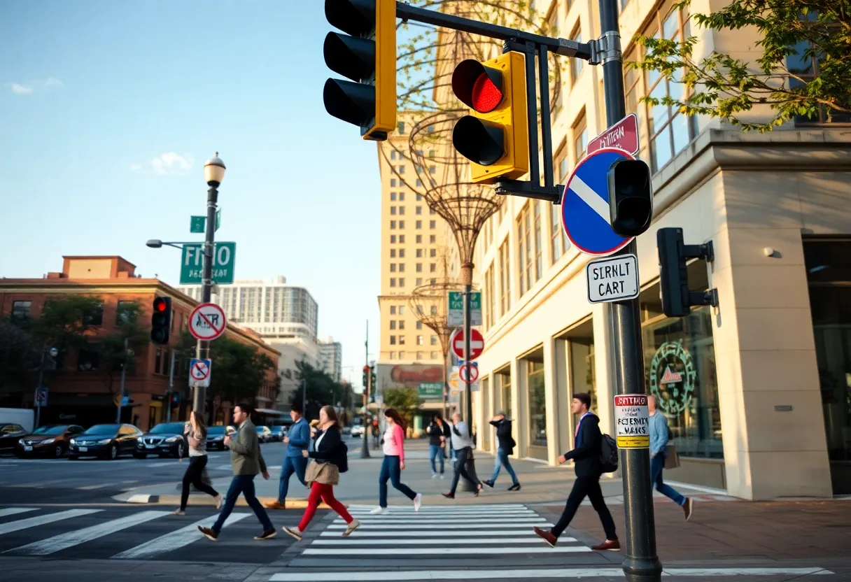 Pedestrians safely using a crosswalk in San Antonio with improved signage and lighting.