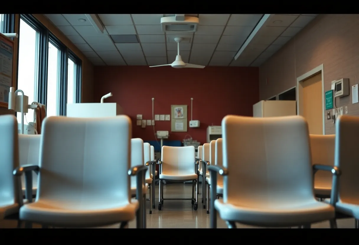 Empty pediatric clinic waiting room highlighting medical equipment.