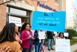 A group of concerned parents standing outside a pediatrician's office in San Antonio.