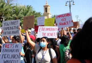 Protesters rallying in San Antonio against the recent ICE raid
