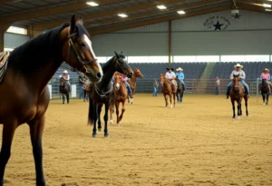 Participants at a rodeo event in San Antonio with horses, focusing on health and safety