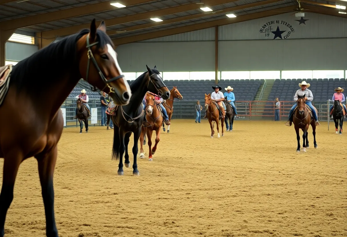 Participants at a rodeo event in San Antonio with horses, focusing on health and safety