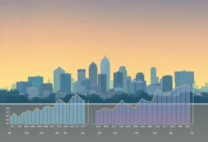 City skyline of San Antonio overlayed with rental price data graphics.