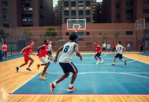 Players from the San Antonio Spurs in action during a basketball game against the Portland Trail Blazers.