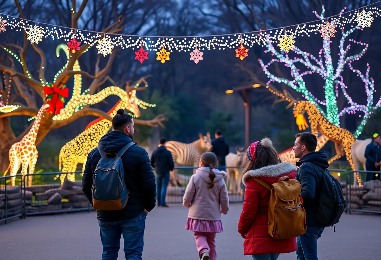 Families enjoying the holiday-themed San Antonio Zoo during Locals Day.