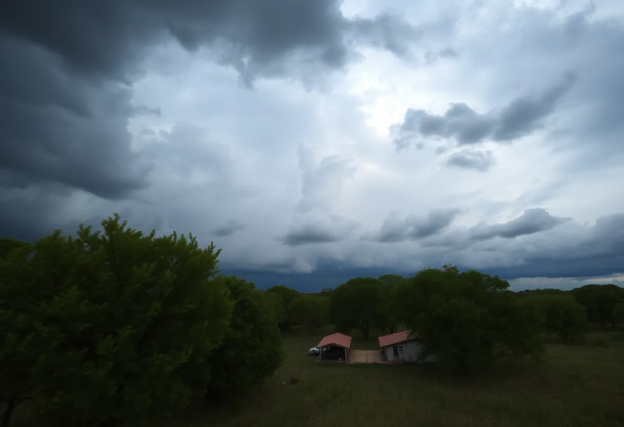 Dark storm clouds gathering over Texas landscape indicating severe weather.