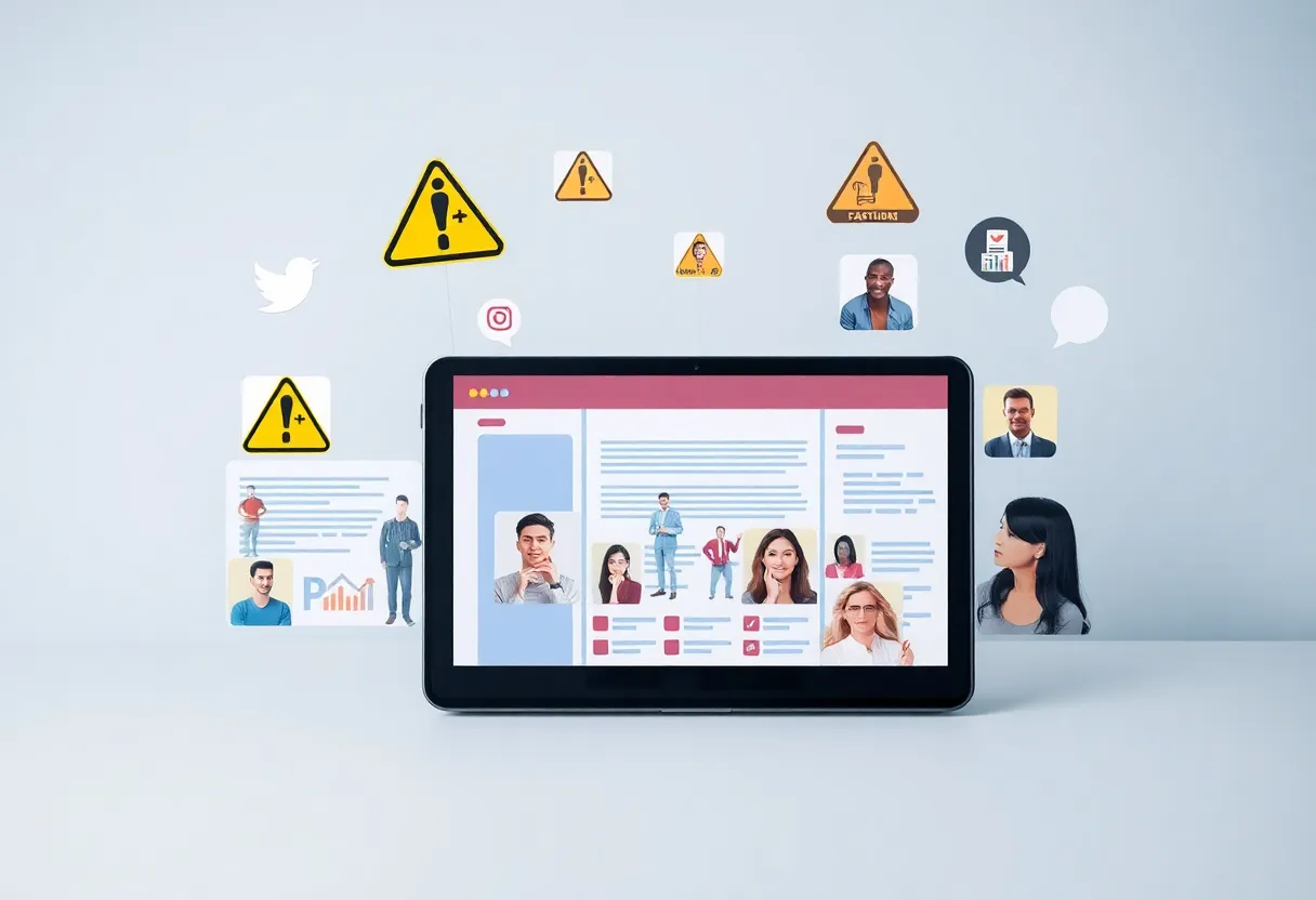 An illustration depicting social media platforms under scrutiny with diverse individuals in the background.