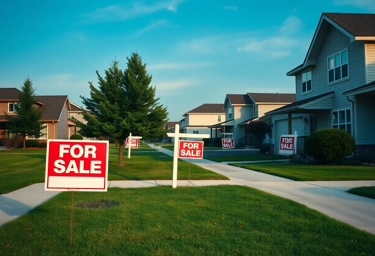 Empty suburban street with 'For Sale' signs indicating stagnation in the housing market