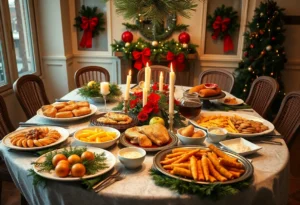 A holiday dinner table set with delicious food and decorations.