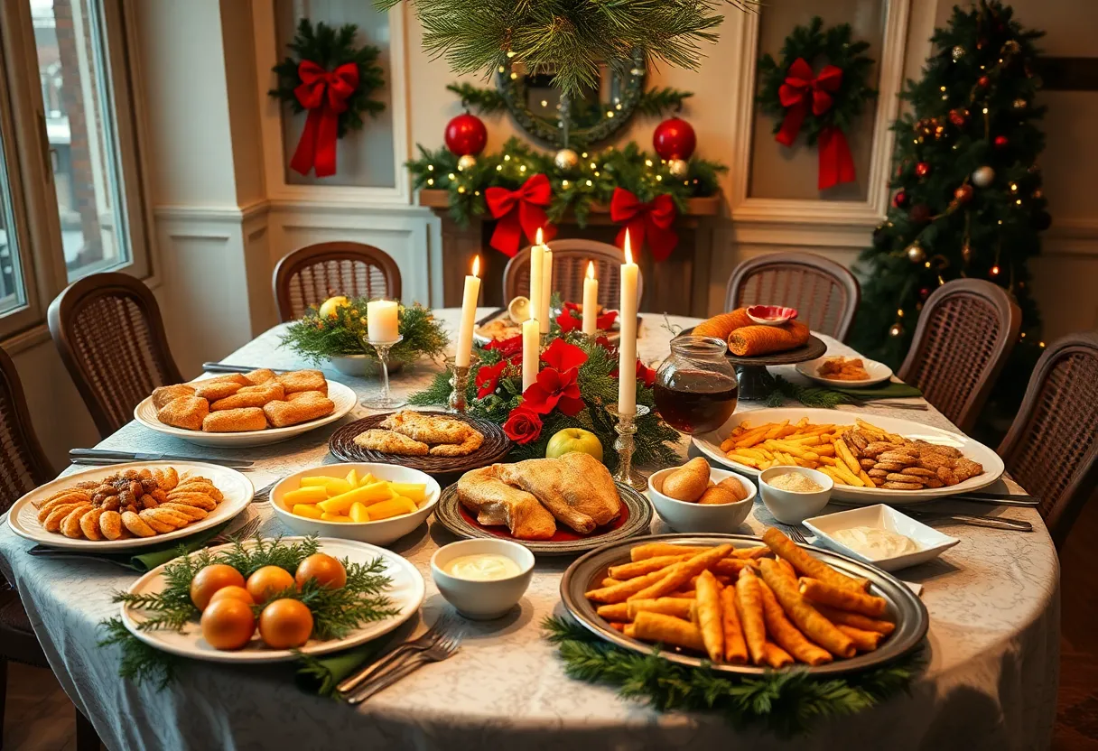 A holiday dinner table set with delicious food and decorations.