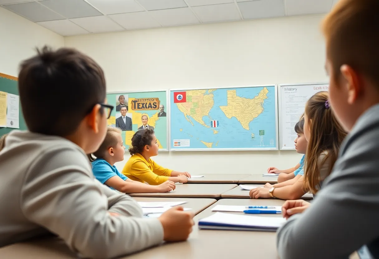 Students in a classroom learning about Texas history with educational materials.