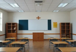 Classroom wall without Ten Commandments display