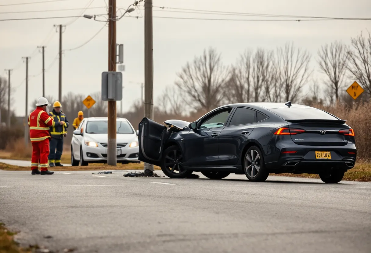 Tesla Model 3 accident scene with emergency responders