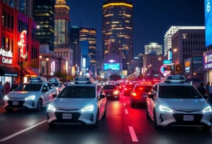 Futuristic view of self-driving robotaxis navigating through Austin, Texas