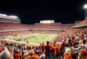Football fans cheering in the stadium during Texas A&M vs Texas game