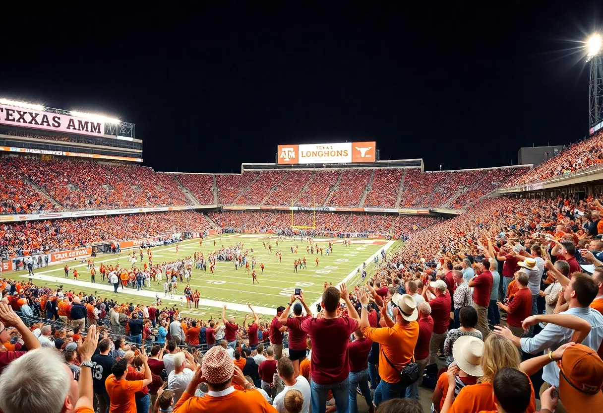 Football fans cheering in the stadium during Texas A&M vs Texas game
