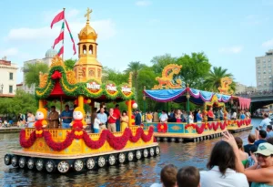 Colorful decorated barges on the San Antonio River Walk during a Thanksgiving parade